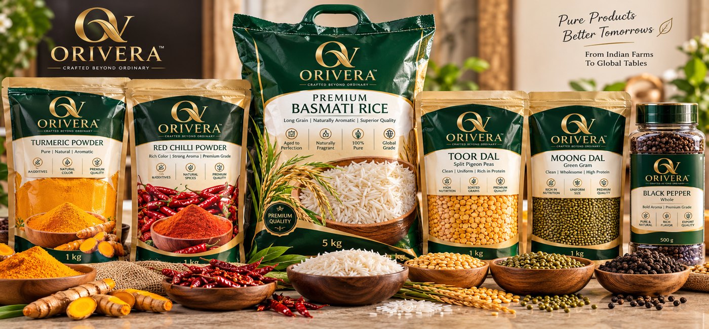 ORIVERA-branded turmeric, red chilli, rice and pulse packaging concept with matching ingredients