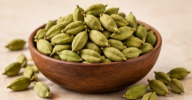Cardamom in a bowl, illustrative agricultural commodity photograph