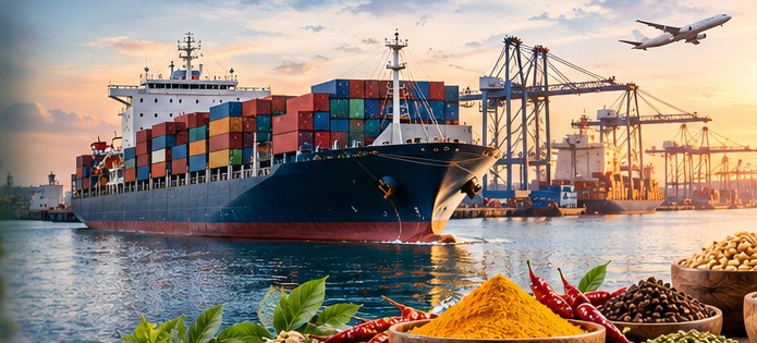 Illustrative cargo ship and container port representing international agricultural exports